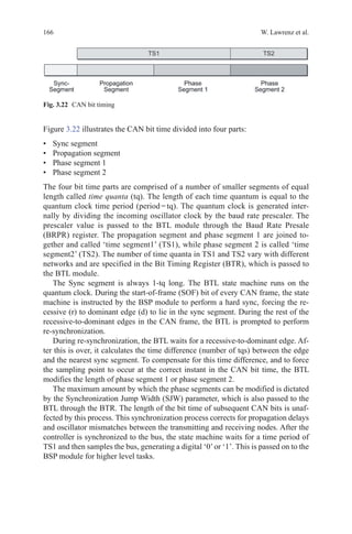 166 W. Lawrenz et al.
Figure 3.22 illustrates the CAN bit time divided into four parts:
•	 Sync segment
•	 Propagation segment
•	 Phase segment 1
•	 Phase segment 2
The four bit time parts are comprised of a number of smaller segments of equal
length called time quanta (tq). The length of each time quantum is equal to the
quantum clock time period (period = tq). The quantum clock is generated inter-
nally by dividing the incoming oscillator clock by the baud rate prescaler. The
prescaler value is passed to the BTL module through the Baud Rate Presale
(BRPR) register. The propagation segment and phase segment 1 are joined to-
gether and called ‘time segment1’ (TS1), while phase segment 2 is called ‘time
segment2’ (TS2). The number of time quanta in TS1 and TS2 vary with different
networks and are specified in the Bit Timing Register (BTR), which is passed to
the BTL module.
The Sync segment is always 1-tq long. The BTL state machine runs on the
quantum clock. During the start-of-frame (SOF) bit of every CAN frame, the state
machine is instructed by the BSP module to perform a hard sync, forcing the re-
cessive (r) to dominant edge (d) to lie in the sync segment. During the rest of the
recessive-to-dominant edges in the CAN frame, the BTL is prompted to perform
re-synchronization.
During re-synchronization, the BTL waits for a recessive-to-dominant edge. Af-
ter this is over, it calculates the time difference (number of tqs) between the edge
and the nearest sync segment. To compensate for this time difference, and to force
the sampling point to occur at the correct instant in the CAN bit time, the BTL
modifies the length of phase segment 1 or phase segment 2.
The maximum amount by which the phase segments can be modified is dictated
by the Synchronization Jump Width (SJW) parameter, which is also passed to the
BTL through the BTR. The length of the bit time of subsequent CAN bits is unaf-
fected by this process. This synchronization process corrects for propagation delays
and oscillator mismatches between the transmitting and receiving nodes. After the
controller is synchronized to the bus, the state machine waits for a time period of
TS1 and then samples the bus, generating a digital ‘0’or ‘1’. This is passed on to the
BSP module for higher level tasks.
Fig. 3.22   CAN bit timing
 