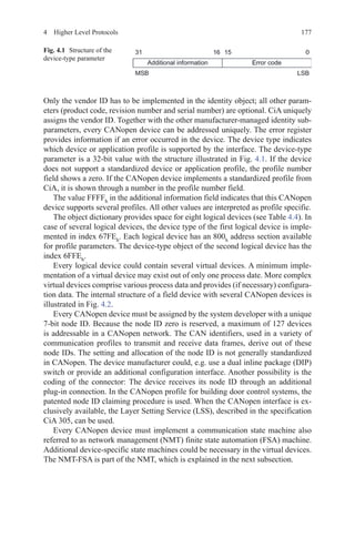 1774  Higher Level Protocols
Only the vendor ID has to be implemented in the identity object; all other param-
eters (product code, revision number and serial number) are optional. CiA uniquely
assigns the vendor ID. Together with the other manufacturer-managed identity sub-
parameters, every CANopen device can be addressed uniquely. The error register
provides information if an error occurred in the device. The device type indicates
which device or application profile is supported by the interface. The device-type
parameter is a 32-bit value with the structure illustrated in Fig. 4.1. If the device
does not support a standardized device or application profile, the profile number
field shows a zero. If the CANopen device implements a standardized profile from
CiA, it is shown through a number in the profile number field.
The value FFFFh
in the additional information field indicates that this CANopen
device supports several profiles. All other values are interpreted as profile specific.
The object dictionary provides space for eight logical devices (see Table 4.4). In
case of several logical devices, the device type of the first logical device is imple-
mented in index 67FEh
. Each logical device has an 800h
address section available
for profile parameters. The device-type object of the second logical device has the
index 6FFEh
.
Every logical device could contain several virtual devices. A minimum imple-
mentation of a virtual device may exist out of only one process date. More complex
virtual devices comprise various process data and provides (if necessary) configura-
tion data. The internal structure of a field device with several CANopen devices is
illustrated in Fig. 4.2.
Every CANopen device must be assigned by the system developer with a unique
7-bit node ID. Because the node ID zero is reserved, a maximum of 127 devices
is addressable in a CANopen network. The CAN identifiers, used in a variety of
communication profiles to transmit and receive data frames, derive out of these
node IDs. The setting and allocation of the node ID is not generally standardized
in CANopen. The device manufacturer could, e.g. use a dual inline package (DIP)
switch or provide an additional configuration interface. Another possibility is the
coding of the connector: The device receives its node ID through an additional
plug-in connection. In the CANopen profile for building door control systems, the
patented node ID claiming procedure is used. When the CANopen interface is ex-
clusively available, the Layer Setting Service (LSS), described in the specification
CiA 305, can be used.
Every CANopen device must implement a communication state machine also
referred to as network management (NMT) finite state automation (FSA) machine.
Additional device-specific state machines could be necessary in the virtual devices.
The NMT-FSA is part of the NMT, which is explained in the next subsection.
Fig. 4.1   Structure of the
device-type parameter
 