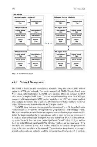 178 G. Feiter et al.
4.1.3 Network Management
The NMT is based on the master/slave principle. Only one active NMT master
exists per CANopen network. The master controls all NMT-FSAs (referred to as
NMT slave state machine) of the NMT slave devices. This also includes the FSA
of its own CANopen NMT slave. To avoid misunderstanding, even the CANopen
manager, which contains the NMT master, has to have an NMT slave state machine
and an object dictionary. The so-called CANopen masters that do not have their own
object dictionary are by definition not a CANopen device!
The NMT slave state machine supports four states (see Fig. 4.3): the volatile state
“initialization” as well as the “pre-operational”, “operational” and “stopped” states.
The state transition from initialization to pre-operational takes place automatically.
When the device reaches the pre-operational state, it starts its boot-up protocol, i.e.
it sends its boot-up message, a single CAN data frame with a CAN identifier built-
up out of the 4-bit function code (most significant CAN-ID bits) 1110b
as well as
the 7-bit node ID (least significant CAN-ID bits). The boot-up message has a 1-byte
data field that contains a zero. It is used to introduce the device after power-on or
reset to the other members in the network. The same data frame is used in pre-oper-
ational and operational states to send the periodical heartbeat protocol. It contains
Fig. 4.2   Field device model
 