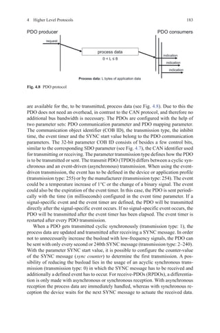 1834  Higher Level Protocols
are available for the, to be transmitted, process data (see Fig. 4.8). Due to this the
PDO does not need an overhead, in contrast to the CAN protocol, and therefore no
additional bus bandwidth is necessary. The PDOs are configured with the help of
two parameter sets: PDO communication parameter and PDO mapping parameter.
The communication object identifier (COB ID), the transmission type, the inhibit
time, the event timer and the SYNC start value belong to the PDO communication
parameters. The 32-bit parameter COB ID consists of besides a few control bits,
similar to the corresponding SDO parameter (see Fig. 4.7), the CAN identifier used
for transmitting or receiving. The parameter transmission type defines how the PDO
is to be transmitted or sent. The transmit PDO (TPDO) differs between a cyclic syn-
chronous and an event-driven (asynchronous) transmission. When using the event-
driven transmission, the event has to be defined in the device or application profile
(transmission type: 255) or by the manufacturer (transmission type: 254). The event
could be a temperature increase of 1°C or the change of a binary signal. The event
could also be the expiration of the event timer. In this case, the PDO is sent periodi-
cally with the time (in milliseconds) configured in the event time parameter. If a
signal-specific event and the event timer are defined, the PDO will be transmitted
directly after the signal-specific event occurs. If no signal-specific event occurs, the
PDO will be transmitted after the event timer has been elapsed. The event timer is
restarted after every PDO transmission.
When a PDO gets transmitted cyclic synchronously (transmission type: 1), the
process data are updated and transmitted after receiving a SYNC message. In order
not to unnecessarily increase the busload with low-frequency signals, the PDO can
be sent with only every second or 240th SYNC message (transmission type: 2–240).
With the parameter SYNC start value, it is possible to configure the counter-value
of the SYNC message ( sync counter) to determine the first transmission. A pos-
sibility of reducing the busload lies in the usage of an acyclic synchronous trans-
mission (transmission type: 0) in which the SYNC message has to be received and
additionally a defined event has to occur. For receive-PDOs (RPDOs), a differentia-
tion is only made with asynchronous or synchronous reception. With asynchronous
reception the process data are immediately handled, whereas with synchronous re-
ception the device waits for the next SYNC message to actuate the received data.
Fig. 4.8   PDO protocol
 