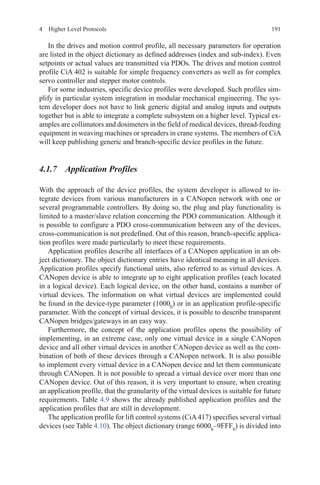 1914  Higher Level Protocols
In the drives and motion control profile, all necessary parameters for operation
are listed in the object dictionary as defined addresses (index and sub-index). Even
setpoints or actual values are transmitted via PDOs. The drives and motion control
profile CiA 402 is suitable for simple frequency converters as well as for complex
servo controller and stepper motor controls.
For some industries, specific device profiles were developed. Such profiles sim-
plify in particular system integration in modular mechanical engineering. The sys-
tem developer does not have to link generic digital and analog inputs and outputs
together but is able to integrate a complete subsystem on a higher level. Typical ex-
amples are collimators and dosimeters in the field of medical devices, thread-feeding
equipment in weaving machines or spreaders in crane systems. The members of CiA
will keep publishing generic and branch-specific device profiles in the future.
4.1.7 Application Profiles
With the approach of the device profiles, the system developer is allowed to in-
tegrate devices from various manufacturers in a CANopen network with one or
several programmable controllers. By doing so, the plug and play functionality is
limited to a master/slave relation concerning the PDO communication. Although it
is possible to configure a PDO cross-communication between any of the devices,
cross-communication is not predefined. Out of this reason, branch-specific applica-
tion profiles were made particularly to meet these requirements.
Application profiles describe all interfaces of a CANopen application in an ob-
ject dictionary. The object dictionary entries have identical meaning in all devices.
Application profiles specify functional units, also referred to as virtual devices. A
CANopen device is able to integrate up to eight application profiles (each located
in a logical device). Each logical device, on the other hand, contains a number of
virtual devices. The information on what virtual devices are implemented could
be found in the device-type parameter (1000h
) or in an application profile-specific
parameter. With the concept of virtual devices, it is possible to describe transparent
CANopen bridges/gateways in an easy way.
Furthermore, the concept of the application profiles opens the possibility of
implementing, in an extreme case, only one virtual device in a single CANopen
device and all other virtual devices in another CANopen device as well as the com-
bination of both of these devices through a CANopen network. It is also possible
to implement every virtual device in a CANopen device and let them communicate
through CANopen. It is not possible to spread a virtual device over more than one
CANopen device. Out of this reason, it is very important to ensure, when creating
an application profile, that the granularity of the virtual devices is suitable for future
requirements. Table 4.9 shows the already published application profiles and the
application profiles that are still in development.
The application profile for lift control systems (CiA417) specifies several virtual
devices (see Table 4.10). The object dictionary (range 6000h
–9FFFh
) is divided into
 
