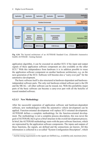 1954  Higher Level Protocols
application algorithm, it can be executed on another ECU if the input and output
signals of these application software component are also available on the other
ECU.2
With this independence from hardware it is in addition possible to reuse
the application software component on another hardware architecture, e.g. on the
next generation of the ECU. Software will become also a “carry-over part” for the
automotive development.
The basic software itself is also structured in hardware-dependent and hardware-
independent software parts. The only real hardware-related software part is the OS
and the MCAL—all other software can be reused, too. With this portability major
parts of the basic software can become a carry-over part with all the benefits of
reused standard software.
4.2.1.3 New Methodology
After the successful separation of application software and hardware-dependent
software, new methodologies within the automotive vehicle development can be
applied. Function-oriented development will replace ECU-oriented development.
AUTOSAR defines a complete methodology for the function-oriented develop-
ment. The methodology is not a complete process description, this was never the
goal of AUTOSAR, but it gives a brief structure in the overall development process.
In brief, the AUTOSAR methodology starts with the pure software functions, which
are represented by the application software components. The inputs and outputs of
these functions, the signals, are defined and the connections are known. All this
information is collected in a so-called “System Configuration Description”, which
2 
And the timing requirements to the signals are fulfilled (e.g., availability and, maximum jitter).
Fig. 4.16   The layered architecture of an AUTOSAR Standard Core. (Elektrobit Automotive
GmbH, AUTOSAR—Getting Started)
 