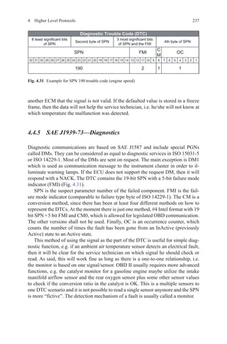 2374  Higher Level Protocols
another ECM that the signal is not valid. If the defaulted value is stored in a freeze
frame, then the data will not help the service technician, i.e. he/she will not know at
which temperature the malfunction was detected.
4.4.5 SAE J1939-73—Diagnostics
Diagnostic communications are based on SAE J1587 and include special PGNs
called DMs. They can be considered as equal to diagnostic services in ISO 15031-5
or ISO 14229-1. Most of the DMs are sent on request. The main exception is DM1
which is used as communication message to the instrument cluster in order to il-
luminate warning lamps. If the ECU does not support the request DM, then it will
respond with a NACK. The DTC contains the 19-bit SPN with a 5-bit failure mode
indicator (FMI) (Fig. 4.31).
SPN is the suspect parameter number of the failed component. FMI is the fail-
ure mode indicator (comparable to failure type byte of ISO 14229-1). The CM is a
conversion method, since there has been at least four different methods on how to
represent the DTCs. At the moment there is just one method, #4 Intel format with 19
bit SPN + 5 bit FMI and CM0, which is allowed for legislated OBD communication.
The other versions shall not be used. Finally, OC is an occurrence counter, which
counts the number of times the fault has been gone from an InActive (previously
Active) state to an Active state.
This method of using the signal as the part of the DTC is useful for simple diag-
nostic function, e.g. if an ambient air temperature sensor detects an electrical fault,
then it will be clear for the service technician on which signal he should check or
read. As said, this will work fine as long as there is a one-to-one relationship, i.e.
the monitor is based on one signal/sensor. OBD II usually requires more advanced
functions, e.g. the catalyst monitor for a gasoline engine maybe utilize the intake
manifold airflow sensor and the rear oxygen sensor plus some other sensor values
to check if the conversion ratio in the catalyst is OK. This is a multiple sensors to
one DTC scenario and it is not possible to read a single sensor anymore and the SPN
is more “fictive”. The detection mechanism of a fault is usually called a monitor.
Fig. 4.31   Example for SPN 190 trouble code (engine speed)
 