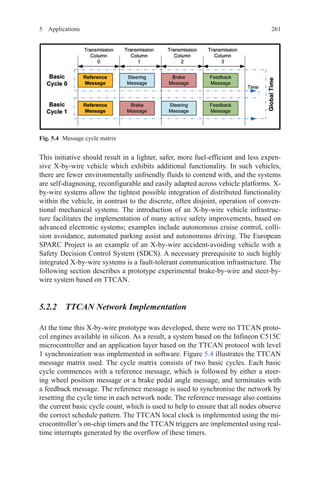 2615 Applications
This initiative should result in a lighter, safer, more fuel-efficient and less expen-
sive X-by-wire vehicle which exhibits additional functionality. In such vehicles,
there are fewer environmentally unfriendly fluids to contend with, and the systems
are self-diagnosing, reconfigurable and easily adapted across vehicle platforms. X-
by-wire systems allow the tightest possible integration of distributed functionality
within the vehicle, in contrast to the discrete, often disjoint, operation of conven-
tional mechanical systems. The introduction of an X-by-wire vehicle infrastruc-
ture facilitates the implementation of many active safety improvements, based on
advanced electronic systems; examples include autonomous cruise control, colli-
sion avoidance, automated parking assist and autonomous driving. The European
SPARC Project is an example of an X-by-wire accident-avoiding vehicle with a
Safety Decision Control System (SDCS). A necessary prerequisite to such highly
integrated X-by-wire systems is a fault-tolerant communication infrastructure. The
following section describes a prototype experimental brake-by-wire and steer-by-
wire system based on TTCAN.
5.2.2 TTCAN Network Implementation
At the time this X-by-wire prototype was developed, there were no TTCAN proto-
col engines available in silicon. As a result, a system based on the Infineon C515C
microcontroller and an application layer based on the TTCAN protocol with level
1 synchronization was implemented in software. Figure 5.4 illustrates the TTCAN
message matrix used. The cycle matrix consists of two basic cycles. Each basic
cycle commences with a reference message, which is followed by either a steer-
ing wheel position message or a brake pedal angle message, and terminates with
a feedback message. The reference message is used to synchronise the network by
resetting the cycle time in each network node. The reference message also contains
the current basic cycle count, which is used to help to ensure that all nodes observe
the correct schedule pattern. The TTCAN local clock is implemented using the mi-
crocontroller’s on-chip timers and the TTCAN triggers are implemented using real-
time interrupts generated by the overflow of these timers.
Fig. 5.4   Message cycle matrix
 