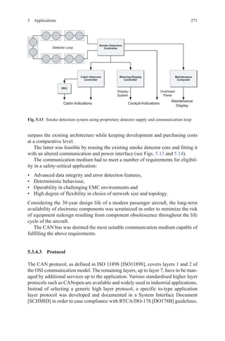 2715 Applications
surpass the existing architecture while keeping development and purchasing costs
at a comparative level.
The latter was feasible by reusing the existing smoke detector core and fitting it
with an altered communication and power interface (see Figs. 5.13 and 5.14).
The communication medium had to meet a number of requirements for eligibil-
ity in a safety-critical application:
•	 Advanced data integrity and error detection features,
•	 Deterministic behaviour,
•	 Operability in challenging EMC environments and
•	 High degree of flexibility in choice of network size and topology.
Considering the 30-year design life of a modern passenger aircraft, the long-term
availability of electronic components was scrutinized in order to minimize the risk
of equipment redesign resulting from component obsolescence throughout the life
cycle of the aircraft.
The CAN bus was deemed the most suitable communication medium capable of
fulfilling the above requirements.
5.3.4.3 Protocol
The CAN protocol, as defined in ISO 11898 [ISO11898], covers layers 1 and 2 of
the OSI communication model. The remaining layers, up to layer 7, have to be man-
aged by additional services up to the application. Various standardised higher layer
protocols such as CANopen are available and widely used in industrial applications.
Instead of selecting a generic high layer protocol, a specific to-type application
layer protocol was developed and documented in a System Interface Document
[SCHMID] in order to ease compliance with RTCA/DO-178 [DO178B] guidelines.
Fig. 5.13   Smoke detection system using proprietary detector supply and communication loop
 