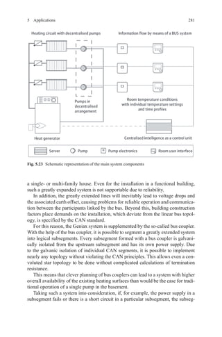 2815 Applications
a single- or multi-family house. Even for the installation in a functional building,
such a greatly expanded system is not supportable due to reliability.
In addition, the greatly extended lines will inevitably lead to voltage drops and
the associated earth offset, causing problems for reliable operation and communica-
tion between the participants linked by the bus. Beyond this, building construction
factors place demands on the installation, which deviate from the linear bus topol-
ogy, is specified by the CAN standard.
For this reason, the Geniax system is supplemented by the so-called bus coupler.
With the help of the bus coupler, it is possible to segment a greatly extended system
into logical subsegments. Every subsegment formed with a bus coupler is galvani-
cally isolated from the upstream subsegment and has its own power supply. Due
to the galvanic isolation of individual CAN segments, it is possible to implement
nearly any topology without violating the CAN principles. This allows even a con-
voluted star topology to be done without complicated calculations of termination
resistance.
This means that clever planning of bus couplers can lead to a system with higher
overall availability of the existing heating surfaces than would be the case for tradi-
tional operation of a single pump in the basement.
Taking such a system into consideration, if, for example, the power supply in a
subsegment fails or there is a short circuit in a particular subsegment, the subseg-
Fig. 5.23   Schematic representation of the main system components
 