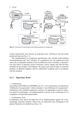 2856 Testing
certain requirements may become an important issue, referring to the previously
mentioned step (see Fig. 6.1).
The implementation of component specifications may include (unfavourable)
misinterpretations and “real” mistakes. If a mechanism was not understood in the
same way as originally intended, it may be difficult to call it a mistake. A specifica-
tion may lead to a logically correct conclusion, which, simply said, had not been
intended by the designer. Nevertheless, the major goal must be kept in mind that
products of different suppliers shall be sufficiently compliant and in accordance
with the standard.
6.1.1  Important Terms
•	 Conformance
According to ISO 9000 (see [ISO9000], §§ 3.6.1, 3.8), conformance corresponds to
“fulfilment of a requirement”, while a mistake is “non-fulfilment of a requirement”.
Furthermore, this standard emphasizes testing as an appropriate means for objec-
tive proof of conformance. An implementation is proven to be conformant if it is
compliant to all specified requirements.
•	 Conformance Tests
Conformance tests check the behaviour of an implementation against the corre-
spondingly specified standard. These tests are functional tests, belonging to the
group of dynamic test methods (see Fig. 6.2).
Fig. 6.1   Deviation of specification and implementation of components
  
 