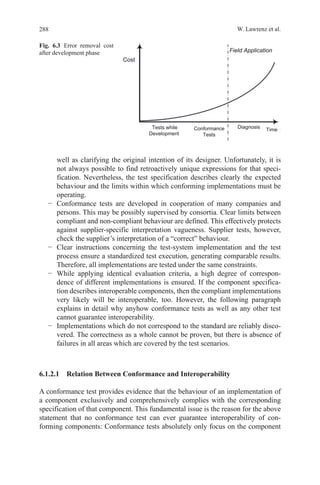 288 W. Lawrenz et al.
well as clarifying the original intention of its designer. Unfortunately, it is
not always possible to find retroactively unique expressions for that speci-
fication. Nevertheless, the test specification describes clearly the expected
behaviour and the limits within which conforming implementations must be
operating.
−	 Conformance tests are developed in cooperation of many companies and
persons. This may be possibly supervised by consortia. Clear limits between
compliant and non-compliant behaviour are defined. This effectively protects
against supplier-specific interpretation vagueness. Supplier tests, however,
check the supplier’s interpretation of a “correct” behaviour.
−	 Clear instructions concerning the test-system implementation and the test
process ensure a standardized test execution, generating comparable results.
Therefore, all implementations are tested under the same constraints.
−	 While applying identical evaluation criteria, a high degree of correspon-
dence of different implementations is ensured. If the component specifica-
tion describes interoperable components, then the compliant implementations
very likely will be interoperable, too. However, the following paragraph
explains in detail why anyhow conformance tests as well as any other test
cannot guarantee interoperability.
−	 Implementations which do not correspond to the standard are reliably disco-
vered. The correctness as a whole cannot be proven, but there is absence of
failures in all areas which are covered by the test scenarios.
6.1.2.1  Relation Between Conformance and Interoperability
A conformance test provides evidence that the behaviour of an implementation of
a component exclusively and comprehensively complies with the corresponding
specification of that component. This fundamental issue is the reason for the above
statement that no conformance test can ever guarantee interoperability of con-
forming components: Conformance tests absolutely only focus on the component
Fig. 6.3   Error removal cost
after development phase
 