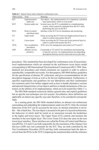 290 W. Lawrenz et al.
procedures. This standard has been developed for conformance tests of layered pro-
tocol implementations which are oriented on the well-known seven layers model
corresponding to ISO/International Electrotechnical Commission (IEC) 7498. Stan-
dardized test procedures and related constraints are required in order to achieve
reproducible, comparable test results. For that purpose, ISO 9646 defines guidelines
for the specification of abstract TC collections, and gives recommendations for the
description language of tests as well as for the test implementation. Furthermore, it
specifies requirements and guidelines for test laboratories and their conformance
test customers and it lists further support such as how to handle alternative versions
and optional characteristics of test objects and how to handle declarations of the cus-
tomers on the abilities of its implementation, which are to be tested (See Table 6.1).
The ISO 9646 standard exclusively defines general rules and explicit guidelines
but no specific test techniques nor test systems. Nevertheless, those definitions are
applicable on almost any specific case and, therefore, to be considered correspond-
ingly.
As a starting point, the ISO 9646 standard defines an abstract test architecture
surrounding and embedding the implementation under test (IUT). Only the external
behaviour of the IUT can be accessed by the tests; its internal realization is invisi-
ble—like a black box. The test object is assumed to be part of a layered architecture,
the behaviour of which shall be tested on its interaction towards the borderlines
to the higher and lower layers. The Upper Tester (UT) controls and monitors the
interface to the next higher layer. The Lower Tester (LT) does the same on the next
lower-layer interface. These interfaces are called the Points of Control and Observa-
tion (PCOs). UT and LT are both responsible for the translation of the Abstract Test
Services (ASP) into real commands for the IUT. They are both controlled by the
Test Coordination Procedure (TCP) and they both communicate back the data re-
ceived from the PCOs to the TCP. Comparing the monitored data with the reference
Table 6.1   Typical, basic terms related to conformance tests
Abbrevations Term Meaning
IUT Implementation
under test
Test object—the implementation of a component, a protocol
layer particularly, which is to be tested
SUT System under test In most cases, the IUT is embedded in a complementing
system, which cannot be separated from the IUT when
performing the tests on the IUT
PCO Point of control
and observation
Interface of the IUT for its stimulation and monitoring
UT Upper tester Entity accessing the IUT from next higher protocol layer in
order to control and monitor the IUT
LT Lower tester Entity accessing the IUT from next lower protocol layer in
order to control and monitor the IUT
TCPs Test coordination
procedures
TCPs serve for management and control of UT and LT
ASP Abstract service
primitive
Commands to UT and LT for stimulation and monitoring
of specific services. An implementation-non-depending
description between service client and service provider
  
 