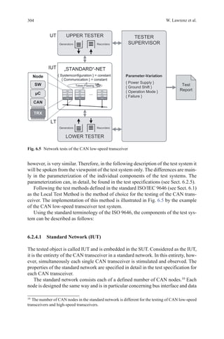 304 W. Lawrenz et al.
however, is very similar. Therefore, in the following description of the test system it
will be spoken from the viewpoint of the test system only. The differences are main-
ly in the parameterization of the individual components of the test systems. The
parameterization can, in detail, be found in the test specifications (see Sect. 6.2.5).
Following the test methods defined in the standard ISO/IEC 9646 (see Sect. 6.1)
as the Local Test Method is the method of choice for the testing of the CAN trans-
ceiver. The implementation of this method is illustrated in Fig. 6.5 by the example
of the CAN low-speed transceiver test system.
Using the standard terminology of the ISO 9646, the components of the test sys-
tem can be described as follows:
6.2.4.1  Standard Network (IUT)
The tested object is called IUT and is embedded in the SUT. Considered as the IUT,
it is the entirety of the CAN transceiver in a standard network. In this entirety, how-
ever, simultaneously each single CAN transceiver is stimulated and observed. The
properties of the standard network are specified in detail in the test specification for
each CAN transceiver.
The standard network consists each of a defined number of CAN nodes.10
Each
node is designed the same way and is in particular concerning bus interface and data
10 
The number of CAN nodes in the standard network is different for the testing of CAN low-speed
transceivers and high-speed transceivers.
Fig. 6.5   Network tests of the CAN low-speed transceiver
 