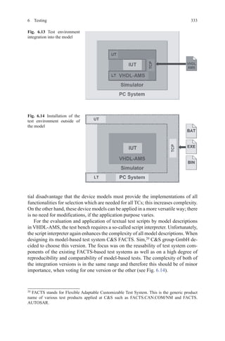 3336 Testing
tial disadvantage that the device models must provide the implementations of all
functionalities for selection which are needed for all TCs; this increases complexity.
On the other hand, these device models can be applied in a more versatile way; there
is no need for modifications, if the application purpose varies.
For the evaluation and application of textual test scripts by model descriptions
in VHDL-AMS, the test bench requires a so-called script interpreter. Unfortunately,
the script interpreter again enhances the complexity of all model descriptions. When
designing its model-based test system CS FACTS. Sim,20
CS group GmbH de-
cided to choose this version. The focus was on the reusability of test system com-
ponents of the existing FACTS-based test systems as well as on a high degree of
reproducibility and comparability of model-based tests. The complexity of both of
the integration versions is in the same range and therefore this should be of minor
importance, when voting for one version or the other (see Fig. 6.14).
20 
FACTS stands for Flexible Adaptable Customizable Test System. This is the generic product
name of various test products applied at CS such as FACTS.CAN.COM/NM and FACTS.
AUTOSAR.
Fig. 6.13   Test environment
integration into the model
Fig. 6.14   Installation of the
test environment outside of
the model
 