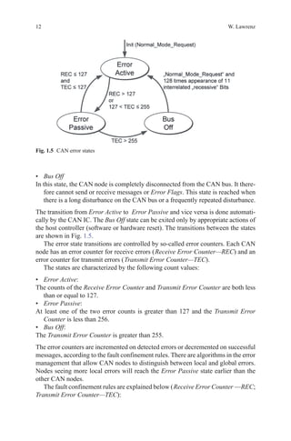 12 W. Lawrenz
•	 Bus Off
In this state, the CAN node is completely disconnected from the CAN bus. It there-
fore cannot send or receive messages or Error Flags. This state is reached when
there is a long disturbance on the CAN bus or a frequently repeated disturbance.
The transition from Error Active to Error Passive and vice versa is done automati-
cally by the CAN IC. The Bus Off state can be exited only by appropriate actions of
the host controller (software or hardware reset). The transitions between the states
are shown in Fig. 1.5.
The error state transitions are controlled by so-called error counters. Each CAN
node has an error counter for receive errors ( Receive Error Counter—REC) and an
error counter for transmit errors ( Transmit Error Counter—TEC).
The states are characterized by the following count values:
•	 Error Active:
The counts of the Receive Error Counter and Transmit Error Counter are both less
than or equal to 127.
•	 Error Passive:
At least one of the two error counts is greater than 127 and the Transmit Error
Counter is less than 256.
•	 Bus Off:
The Transmit Error Counter is greater than 255.
The error counters are incremented on detected errors or decremented on successful
messages, according to the fault confinement rules. There are algorithms in the error
management that allow CAN nodes to distinguish between local and global errors.
Nodes seeing more local errors will reach the Error Passive state earlier than the
other CAN nodes.
The fault confinement rules are explained below ( Receive Error Counter —REC;
Transmit Error Counter—TEC):
Fig. 1.5   CAN error states
 