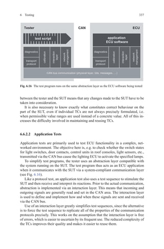 3376 Testing
between the tester and the SUT means that any changes made to the SUT have to be
taken into consideration.
It is also necessary to know exactly what constitutes correct behaviour on the
part of the SUT, even if individual TCs are not always precisely formulated, i.e.
when permissible value ranges are used instead of a concrete value. All of this in-
creases the difficulty involved in maintaining and reusing TCs.
6.6.2.2  Application Tests
Application tests are primarily used to test ECU functionality in a complex, net-
worked environment. The objective here is, e.g. to check whether the switch states
for light switches, door contacts, control units in roof consoles, light sensors, etc.,
transmitted via the CAN bus cause the lighting ECU to activate the specified lamps.
To simplify test programs, the tester uses an abstraction layer compatible with
the system running on the SUT. The test program thus acts as an ECU application
when it communicates with the SUT via a system-compliant communication layer
(see Fig. 6.16).
Like a protocol test, an application test also uses a test sequence to stimulate the
SUT and then receive and interpret its reactions. Prior to the actual communication,
abstraction is implemented via an interaction layer. This means that incoming and
outgoing signals are generally read and set in the CAN area. The interaction layer
is used to define and implement how and when these signals are sent and received
via the CAN bus.
Use of an interaction layer greatly simplifies test sequences, since the alternative
is to force the test sequence to replicate all of the properties of the communication
protocols precisely. This works on the assumption that the interaction layer is free
of errors, which is easier to ascertain by its frequent use. The reduced complexity of
the TCs improves their quality and makes it easier to reuse them.
Fig. 6.16   The test program runs on the same abstraction layer as the ECU software being tested
 