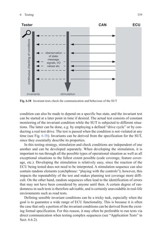 3396 Testing
condition can also be made to depend on a specific bus state, and the invariant test
can be started at a later point in time if desired. The actual test consists of constant
monitoring of the invariant condition while the SUT is subjected to different situa-
tions. The latter can be done, e.g. by employing a defined “drive cycle” or by con-
ducting a real test drive. The test is passed when the condition is not violated at any
time (see Fig. 6.18). Invariants can be derived from the specification for the SUT,
since they essentially describe its properties.
In this testing strategy, stimulation and check conditions are independent of one
another and can be developed separately. When developing the stimulation, it is
important to run through all the possible types of operational situation as well as all
exceptional situations to the fullest extent possible (code coverage, feature cover-
age, etc.). Developing the stimulation is relatively easy, since the reaction of the
ECU being tested does not need to be interpreted. A stimulation sequence can also
contain random elements (catchphrase: “playing with the controls”); however, this
impacts the repeatability of the test and makes planning test coverage more diffi-
cult. On the other hand, random sequences often lead to the identification of errors
that may not have been considered by anyone until then. A certain degree of ran-
domness in such tests is therefore advisable, and is certainly unavoidable in real-life
environments such as road tests.
Defining sensible invariant conditions can be a tricky task, especially when the
goal is to guarantee a wide range of ECU functionality. This is because it is often
the case that only a portion of the invariant conditions can be derived from the exist-
ing formal specification. For this reason, it may often be preferable to run tests via
direct communication when testing complex sequences (see “Application Tests” in
Sect. 6.6.2).
Fig. 6.18   Invariant tests check the communication and behaviour of the SUT
 