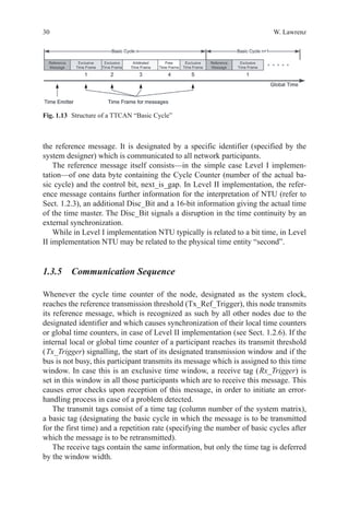 30 W. Lawrenz
the reference message. It is designated by a specific identifier (specified by the
system designer) which is communicated to all network participants.
The reference message itself consists—in the simple case Level I implemen-
tation—of one data byte containing the Cycle Counter (number of the actual ba-
sic cycle) and the control bit, next_is_gap. In Level II implementation, the refer-
ence message contains further information for the interpretation of NTU (refer to
Sect. 1.2.3), an additional Disc_Bit and a 16-bit information giving the actual time
of the time master. The Disc_Bit signals a disruption in the time continuity by an
external synchronization.
While in Level I implementation NTU typically is related to a bit time, in Level
II implementation NTU may be related to the physical time entity “second”.
1.3.5 Communication Sequence
Whenever the cycle time counter of the node, designated as the system clock,
reaches the reference transmission threshold (Tx_Ref_Trigger), this node transmits
its reference message, which is recognized as such by all other nodes due to the
designated identifier and which causes synchronization of their local time counters
or global time counters, in case of Level II implementation (see Sect. 1.2.6). If the
internal local or global time counter of a participant reaches its transmit threshold
( Tx_Trigger) signalling, the start of its designated transmission window and if the
bus is not busy, this participant transmits its message which is assigned to this time
window. In case this is an exclusive time window, a receive tag ( Rx_Trigger) is
set in this window in all those participants which are to receive this message. This
causes error checks upon reception of this message, in order to initiate an error-
handling process in case of a problem detected.
The transmit tags consist of a time tag (column number of the system matrix),
a basic tag (designating the basic cycle in which the message is to be transmitted
for the first time) and a repetition rate (specifying the number of basic cycles after
which the message is to be retransmitted).
The receive tags contain the same information, but only the time tag is deferred
by the window width.
Fig. 1.13   Structure of a TTCAN “Basic Cycle”
 