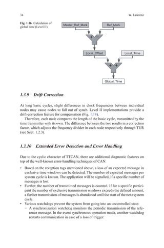 34 W. Lawrenz
1.3.9 Drift Correction
At long basic cycles, slight differences in clock frequencies between individual
nodes may cause nodes to fall out of synch. Level II implementations provide a
drift-correction feature for compensation (Fig. 1.18).
Therefore, each node compares the length of the basic cycle, transmitted by the
time transmitter with its own. The difference between the two results in a correction
factor, which adjusts the frequency divider in each node respectively through TUR
(see Sect. 1.2.3).
1.3.10 Extended Error Detection and Error Handling
Due to the cyclic character of TTCAN, there are additional diagnostic features on
top of the well-known error-handling techniques of CAN:
•	 Based on the reception tags mentioned above, a loss of an expected message in
exclusive time windows can be detected. The number of expected messages per
system cycle is known. The application will be signalled, if a specific number of
messages is lost.
•	 Further, the number of transmitted messages is counted. If for a specific partici-
pant the number of exclusive transmission windows exceeds the defined amount,
a further transmission of messages is abandoned until the start of the next system
cycle.
•	 Various watchdogs prevent the system from going into an uncontrolled state:
−	 A synchronization watchdog monitors the periodic transmission of the refe-
rence message. In the event synchronous operation mode, another watchdog
restarts communication in case of a loss of trigger.
Fig. 1.16   Calculation of
global time (Level II)
 