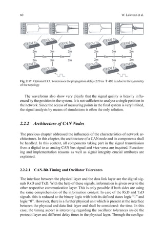 60 W. Lawrenz et al.
The waveforms also show very clearly that the signal quality is heavily influ-
enced by the position in the system. It is not sufficient to analyse a single position in
the network. Since the access of measuring points in the final system is very limited,
the signal analysis by means of simulations is often the only solution.
2.2.2 Architecture of CAN Nodes
The previous chapter addressed the influences of the characteristics of network ar-
chitectures. In this chapter, the architecture of a CAN node and its components shall
be handled. In this context, all components taking part in the signal transmission
from a digital to an analog CAN bus signal and vice versa are inquired. Function-
ing and implementation reasons as well as signal integrity crucial attributes are
explained.
2.2.2.1 CAN-Bit-Timing and Oscillator Tolerances
The interface between the physical layer and the data link layer are the digital sig-
nals RxD and TxD. With the help of these signals, information is given over to the
other respective communication layer. This is only possible if both sides are using
the same comprehension of the information content. In case of the RxD and TxD
signals, this is reduced to the binary logic with both its defined states logic “1” and
logic “0”. However, there is a further physical unit which is present at the interface
between the physical and data link layer and shall be considered: the time. In this
case, the timing aspect is interesting regarding the oscillator tolerances inside the
protocol layer and different delay times in the physical layer. Through the configu-
Fig. 2.17   Optional ECU 6 increases the propagation delay (220 ns  480 ns) due to the symmetry
of the topology
 