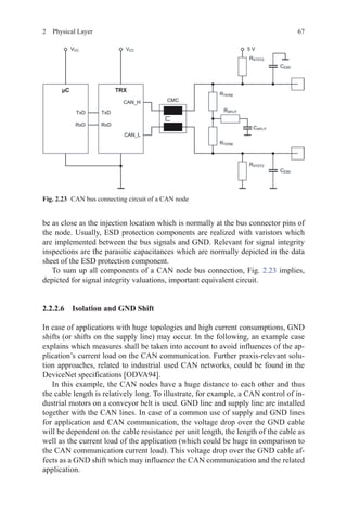 672  Physical Layer
be as close as the injection location which is normally at the bus connector pins of
the node. Usually, ESD protection components are realized with varistors which
are implemented between the bus signals and GND. Relevant for signal integrity
inspections are the parasitic capacitances which are normally depicted in the data
sheet of the ESD protection component.
To sum up all components of a CAN node bus connection, Fig. 2.23 implies,
depicted for signal integrity valuations, important equivalent circuit.
2.2.2.6 Isolation and GND Shift
In case of applications with huge topologies and high current consumptions, GND
shifts (or shifts on the supply line) may occur. In the following, an example case
explains which measures shall be taken into account to avoid influences of the ap-
plication’s current load on the CAN communication. Further praxis-relevant solu-
tion approaches, related to industrial used CAN networks, could be found in the
DeviceNet specifications [ODVA94].
In this example, the CAN nodes have a huge distance to each other and thus
the cable length is relatively long. To illustrate, for example, a CAN control of in-
dustrial motors on a conveyor belt is used. GND line and supply line are installed
together with the CAN lines. In case of a common use of supply and GND lines
for application and CAN communication, the voltage drop over the GND cable
will be dependent on the cable resistance per unit length, the length of the cable as
well as the current load of the application (which could be huge in comparison to
the CAN communication current load). This voltage drop over the GND cable af-
fects as a GND shift which may influence the CAN communication and the related
application.
Fig. 2.23   CAN bus connecting circuit of a CAN node
 