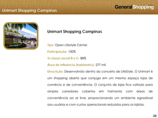 Unimart Shopping Campinas
Unimart Shopping Campinas
Tipo: Open Lifestyle CenterTipo: Open Lifestyle Center
Participação: 100%
% classe social B e C: 88%% classe social B e C: 88%
Área de influência (habitantes): 277 mil
Descrição: Desenvolvido dentro do conceito de LifeStyle. O Unimart é
um shopping aberto que conjuga em um mesmo espaço lojas de
comércio e de conveniência. O conjunto de lojas fica voltado para
amplos corredores cobertos em harmonia com áreas de
conveniência ao ar livre, proporcionando um ambiente agradável
á i t i i d id l ji t
282828
aos usuários e com custos operacionais reduzidos para os lojistas.
 
