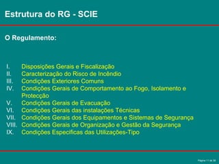 Página 11 de 38
Estrutura do RG - SCIE
I. Disposições Gerais e Fiscalização
II. Caracterização do Risco de Incêndio
III. Condições Exteriores Comuns
IV. Condições Gerais de Comportamento ao Fogo, Isolamento e
Protecção
V. Condições Gerais de Evacuação
VI. Condições Gerais das instalações Técnicas
VII. Condições Gerais dos Equipamentos e Sistemas de Segurança
VIII. Condições Gerais de Organização e Gestão da Segurança
IX. Condições Especificas das Utilizações-Tipo
O Regulamento:
 