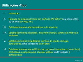 Página 14 de 38
Utilizações-Tipo
I. Habitação;
II. Parques de estacionamento em edifícios (A>200 m2
) ou em recintos
ao ar livre (A>1000 m2
);
III. Estabelecimentos administrativos e de serviços;
IV. Estabelecimentos escolares, incluindo creches, jardins de infância e
similares;
V. Estabelecimentos hospitalares, centros de saúde, clínicas,
consultórios, lares de idosos e similares;
VI. Estabelecimentos (em edifícios, em recintos itinerantes ou ao ar livre)
destinados a espectáculos, reunião pública, culto religioso e
conferencias.
 