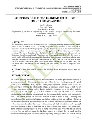 SELECTION OF THE DISC BRAKE MATERIAL USING PIN ON DISC APPARATUS | PDF