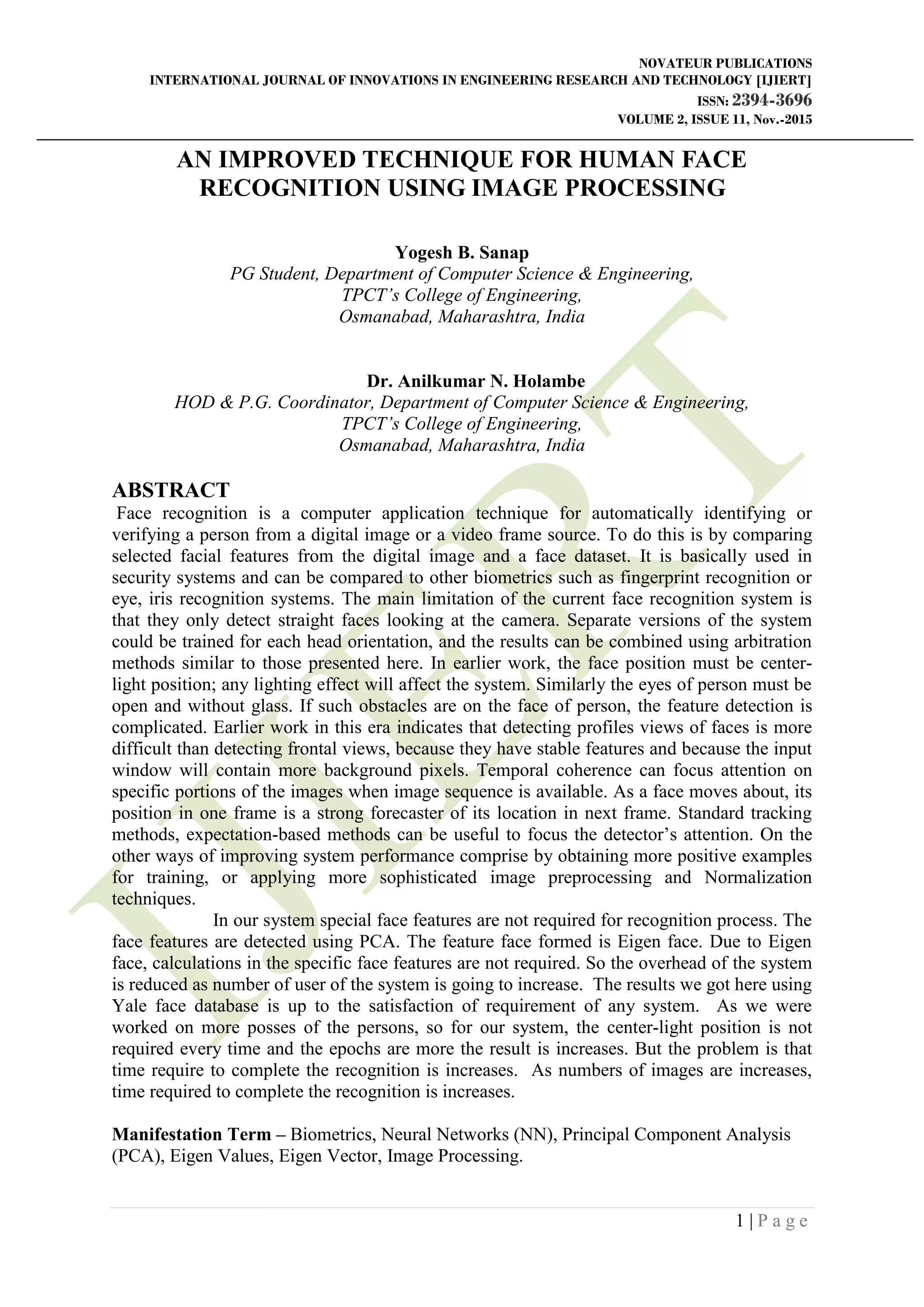 AN IMPROVED TECHNIQUE FOR HUMAN FACE RECOGNITION USING IMAGE PROCESSING ...