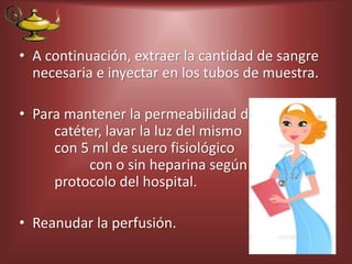 • A continuación, extraer la cantidad de sangre
necesaria e inyectar en los tubos de muestra.
• Para mantener la permeabilidad del
catéter, lavar la luz del mismo
con 5 ml de suero fisiológico
con o sin heparina según
protocolo del hospital.
• Reanudar la perfusión.
 