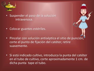 • Suspender el paso de la solución
intravenosa.
• Colocar guantes estériles.
• Pincelar con solución antiséptica el sitio de punción,
corte el punto de fijación del catéter, retire
suavemente.
• Si está indicado cultivo, introduzca la punta del catéter
en el tubo de cultivo, corte aproximadamente 1 cm. de
dicha punta tape el tubo.
 
