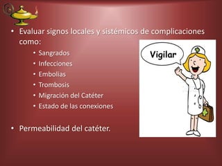 • Evaluar signos locales y sistémicos de complicaciones
como:
• Sangrados
• Infecciones
• Embolias
• Trombosis
• Migración del Catéter
• Estado de las conexiones
• Permeabilidad del catéter.
Vigilar
 