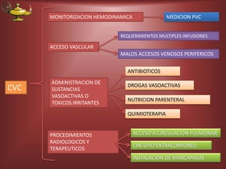 MONITORIZACION HEMODINAMICA
ACCESO VASCULAR
ADMINISTRACION DE
SUSTANCIAS
VASOACTIVAS O
TOXICOS IRRITANTES
PROCEDIMIENTOS
RADIOLOGICOS Y
TERAPEUTICOS
CVC
MEDICION PVC
REQUERIMIENTOS MULTIPLES INFUSIONES
MALOS ACCESOS VENOSOS PERIFERICOS
DROGAS VASOACTIVAS
ANTIBIOTICOS
NUTRICION PARENTERAL
QUIMIOTERAPIA
ACCESO A CIRCULACION PULMONAR
INSTALACION DE MARCAPASOS
CIRCUITO EXTRACORPOREO
 