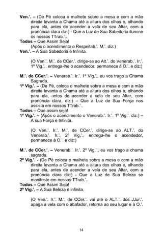 14
Ven.’. – (De Pé coloca o malhete sobre a mesa e com a mão
direita levanta a Chama até a altura dos olhos e, olhando
para ela, antes de acender a vela de seu Altar, com a
pronúncia clara diz:) - Que a Luz de Sua Sabedoria ilumine
os nossos TTrab.’..
Todos – Que Assim Seja!
(Após o acendimento o Respeitab.’. M.’. diz:)
Ven.’. – A Sua Sabedoria é Infinita.
(O Ven.’. M.’. de CCer.’. dirige-se ao Alt.’. do Venerab.’. Ir.’.
1º Vig.’., entrega-lhe o acendedor, permanece à O.’. e diz:)
M.’. de CCer.’. – Venerab.’. Ir.’. 1º Vig.’., eu vos trago a Chama
Sagrada.
1º Vig.’. – (De Pé, coloca o malhete sobre a mesa e com a mão
direita levanta a Chama até a altura dos olhos e, olhando
para ela, antes de acender a vela de seu Altar, com
pronúncia clara, diz:) – Que a Luz de Sua Força nos
assista em nossos TTrab.’..
Todos – Que assim seja!
1º Vig.’. – (Após o acendimento o Venerab.’. Ir.’. 1º Vig.’. diz:) –
A sua Força é Infinita.
(O Ven.’. Ir.’. M.’. de CCer.’. dirige-se ao ALT.’. do
Venerab.’. Ir.’. 2º Vig.’., entrega-lhe o acendedor,
permanece à O.’. e diz:)
M.’. de CCer.’. – Venerab.’. Ir.’. 2º Vig.’., eu vos trago a chama
sagrada.
2º Vig.’. - (De Pé coloca o malhete sobre a mesa e com a mão
direita levanta a Chama até a altura dos olhos e, olhando
para ela, antes de acender a vela de seu Altar, com a
pronúncia clara diz:) - Que a Luz de Sua Beleza se
manifeste em nossos TTrab.’..
Todos – Que Assim Seja!
2º Vig.’. – A Sua Beleza é infinita.
(O Ven.’. Ir.’. M.’. de CCer.’. vai até o ALT.’. dos JJur.’.
apaga a vela com o abafador, retorna ao seu lugar e à O.’.
 