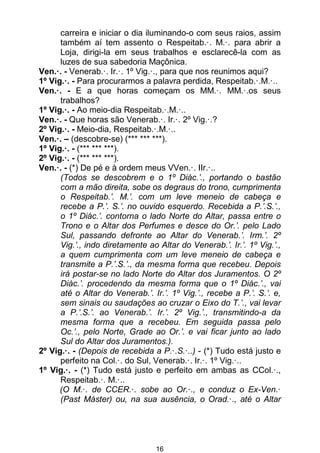 16
carreira e iniciar o dia iluminando-o com seus raios, assim
também aí tem assento o Respeitab.·. M.·. para abrir a
Loja, dirigi-la em seus trabalhos e esclarecê-la com as
luzes de sua sabedoria Maçônica.
Ven.·. - Venerab.·. Ir.·. 1º Vig.·., para que nos reunimos aqui?
1º Vig.·. - Para procurarmos a palavra perdida, Respeitab.·.M.·..
Ven.·. - E a que horas começam os MM.·. MM.·.os seus
trabalhos?
1º Vig.·. - Ao meio-dia Respeitab.·.M.·..
Ven.·. - Que horas são Venerab.·. Ir.·. 2º Vig.·.?
2º Vig.·. - Meio-dia, Respeitab.·.M.·..
Ven.·. – (descobre-se) (*** *** ***).
1º Vig.·. - (*** *** ***).
2º Vig.·. - (*** *** ***).
Ven.·. - (*) De pé e à ordem meus VVen.·. IIr.·..
(Todos se descobrem e o 1º Diác.’., portando o bastão
com a mão direita, sobe os degraus do trono, cumprimenta
o Respeitab.’. M.’. com um leve meneio de cabeça e
recebe a P.’. S.’. no ouvido esquerdo. Recebida a P.’.S.’.,
o 1º Diác.’. contorna o lado Norte do Altar, passa entre o
Trono e o Altar dos Perfumes e desce do Or.’. pelo Lado
Sul, passando defronte ao Altar do Venerab.’. Irm.’. 2º
Vig.’., indo diretamente ao Altar do Venerab.’. Ir.’. 1º Vig.’.,
a quem cumprimenta com um leve meneio de cabeça e
transmite a P.’.S.’., da mesma forma que recebeu. Depois
irá postar-se no lado Norte do Altar dos Juramentos. O 2º
Diác.’. procedendo da mesma forma que o 1º Diác.’., vai
até o Altar do Venerab.’. Ir.’. 1º Vig.’., recebe a P.’. S.’. e,
sem sinais ou saudações ao cruzar o Eixo do T.’., vai levar
a P.’.S.’. ao Venerab.’. Ir.’. 2º Vig.’., transmitindo-a da
mesma forma que a recebeu. Em seguida passa pelo
Oc.’., pelo Norte, Grade ao Or.’. e vai ficar junto ao lado
Sul do Altar dos Juramentos.).
2º Vig.·. - (Depois de recebida a P.·.S.·..) - (*) Tudo está justo e
perfeito na Col.·. do Sul, Venerab.·. Ir.·. 1º Vig.·..
1º Vig.·. - (*) Tudo está justo e perfeito em ambas as CCol.·.,
Respeitab.·. M.·..
(O M.·. de CCER.·. sobe ao Or.·., e conduz o Ex-Ven.·
(Past Máster) ou, na sua ausência, o Orad.·., até o Altar
 