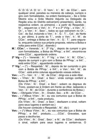 22
G.’.D.’.G.’.A.’.D.’.U.’.. O Vem.’. Ir.’. M.’. de CCer.’., sem
qualquer sinal, paradas ou meneios de cabeça, cumpre o
giro com formalidades, na ordem hierárquica – Se o Grão
Mestre e/ou o Grão Mestre Adjunto ou Delegado da
Região e/ou do Distrito estiver(em) presente(s), serão, na
respectiva ordem, os primeiros – a partir do Respeitab.’.
M.’., seguem-se: o Ven.’. Ir.’. 1º e o 2º VVig.’., o Ven.’. Ir.’.
Or.’., o Ven.’. Ir.’. Secr.’., todos so que estiverem no Or.’.,
Col.’. do Sul, incluindo o Ven.’. Ir.’. G.’. T.’., Col.’. do Norte
e, por último, à porta do T.’., onde o Ven.’. Ir.’. M.’. de
CCer.’. entrega a Bolsa ao Ven.’. Ir.’. G.’. T.’. para segura-
la, enquanto coloca sua própria proposta, retoma a Bolsa e
volta para entre CCol.’. dizendo:)
M.’. CCer.’. – Venerab.’. Ir.’. 2º Vig.’., depois de cumprir o giro
com formalidades, a Bolsa de PProp.’. e IInf.’. encontra-se
entre CCol.’., aguardando ordens.
2º Vig – (*) – Venerab.’. Ir.’. 1º Vig.’. o Ven.’. Ir.’. M.’. CCer.’.,
depois de cumprir o giro com a Bolsa de PProp.’. e IInf.’. ,
está entre CCol.’., aguardando ordens.
1º Vig.’. – (*) – Respeitab.’. M.’., depois de ter cumprido o giro
com a Bolda de PProp.’. e IInf.’., o Ven.’. Irm.’. M.’. de
CCer.’. está entre colunas aguardando vossas ordens.
Ven.·. – (*) – Ven.’. Ir.’. .’. M.’. de CCer.’. dirigi-vos a este Altar.
Ven.·. - VVen.’. IIr.’. Orad.’. e Secr.’. vinde comigo conferir a
Bolsa de PProp.’. e IInf.’..
(Os VVen.’. IIr.’. Orad.’. e Secr.’. sobem os degraus do
Trono, postam-se à Ordem em frente ao Altar, ladeando o
Ven.’. Ir.’. M.’. de CCer.’. durante a conferência da Bolsa.)
Ven.·. - Obrigado VVen.·. IIr.·. Orador, Sec.·. e M.·. de CCer.·..
Ven.·. – (*)Meus VVen.’. IIr.’. eu vos comunico que a Bolsa de
PProp.’. e IInf.’., nada produziu.
(Os VVen.’. IIr.’. Orad.’. e Secr.’. desfazem o sinal, voltam
para seus lugares e sentam-se.)
(Se houver conteúdo o Respeitab.’. M.’. diz:)
Ven.·. – (*) Meus VVen.’. IIr.’., eu vos comunico que a Bolsa de
PProp.’. e IInf.’. produziu..........CCol.’. Gravadas, que
passo a decifra-las.
(Os VVen.’. IIr.’. Orad.’. Secr.’. e M.’. de CCer.’. desfazem
o sinal, voltam para seus lugares e sentam-se. O
 