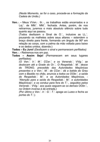 31
(Neste Momento, se for o caso, procede-se a formação da
Cadeia de União.)
Ven.·. - Meus VVen.·. IIr.·., os trabalhos estão encerrados e a
Loj.’. de MM.’. MM.’. fechada. Antes, porém, de nos
retirarmos, juremos o mais absoluto silêncio sobre tudo
quanto aqui se passou.
(Todos desfazem o Sinal de O.’., inclusive as LL.’.
pousando os malhetes sobre seus altares – estendem o
braço direito para frente, formando um ângulo de 90º em
relação ao corpo, com a palma da mão voltada para baixo
e os dedos unidos, dizendo:)
Todos – Eu Juro! (Desfazem o sinal e permanecem perfilados)
Ven.·. - Retiremos-nos em paz.
Todos – Assim Seja! (Permanecem em seus lugares
perfilados)
(O Ven.’. Ir.’. M.’. CCer.’. e os Venerab.’. VVig.’. se
deslocam até a Grade do Or.’.. O Respeitab.’. M.’. desce
do TRONO, precedido das Autoridades Maçônicas
presentes e o Ven.’. M.’. de CCer.’. dá a batida do Grau
com o Bastão no chão, anuncia a todos os OObr.’. a saída
do Respeitab.’. M.’. e as Autoridades Maçônicas, -
“Atenção para a saída do Respeitab.’. M.’. e autoridades
Maçônicas”, e os conduz para fora do T.’., seguidos pelos
Venerab.’. VVig.’. aos quais seguem-se os demais OObr.’.,
na Ordem inversa à da entrada.)
(Por último o Ven.’. Ir.’. G.’. T.’. apaga as Luzes e fecha as
portas do T.’.).
 