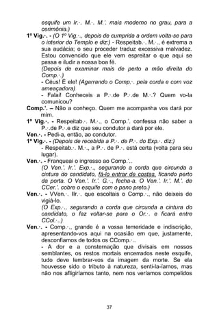 37
esquife um Ir.·. M.·. M.’. mais moderno no grau, para a
cerimônia.)
1º Vig.·. - (O 1º Vig.·., depois de cumprida a ordem volta-se para
o interior do Templo e diz:) - Respeitab.·. M.·., é extrema a
sua audácia; o seu proceder traduz excessiva malvadez.
Estou convencido que ele vem espreitar o que aqui se
passa e iludir a nossa boa fé.
(Depois de examinar mais de perto a mão direita do
Comp.·.)
- Céus! É ele! (Agarrando o Comp.·. pela corda e com voz
ameaçadora)
- Falai! Conheceis a P.·.de P.·.de M.·.? Quem vo-la
comunicou?
Comp.’. – Não a conheço. Quem me acompanha vos dará por
mim.
1º Vig.·. - Respeitab.·. M.·., o Comp.’. confessa não saber a
P.·.de P.·.e diz que seu condutor a dará por ele.
Ven.·. - Pedi-a, então, ao condutor.
1º Vig.·. - (Depois de recebida a P.·. de P.·. do Exp.·. diz:)
- Respeitab.·. M.·., a P.·. de P.·. está certa (volta para seu
lugar).
Ven.·. - Franqueai o ingresso ao Comp.’..
(O Ven.’. Ir.’. Exp.·., segurando a corda que circunda a
cintura do candidato, fá-lo entrar de costas, ficando perto
da porta. O Ven.’. Ir.’. G.·., fecha-a. O Ven.’. Ir.’. M.’. de
CCer.’. cobre o esquife com o pano preto.)
Ven.·. - VVen.·. IIr.·. que escoltais o Comp.·., não deixeis de
vigiá-lo.
(O Exp.·., segurando a corda que circunda a cintura do
candidato, o faz voltar-se para o Or.·. e ficará entre
CCol.·..)
Ven.·. - Comp.·., grande é a vossa temeridade e indiscrição,
apresentando-vos aqui na ocasião em que, justamente,
desconfiamos de todos os CComp.·..
- A dor e a consternação que divisais em nossos
semblantes, os restos mortais encerrados neste esquife,
tudo deve lembrar-vos da imagem da morte. Se ela
houvesse sido o tributo à natureza, senti-la-íamos, mas
não nos afligiríamos tanto, nem nos veríamos compelidos
 