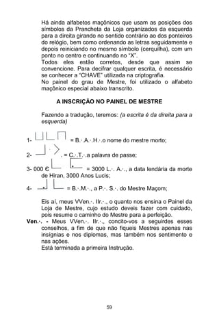 59
Há ainda alfabetos maçônicos que usam as posições dos
símbolos da Prancheta da Loja organizados da esquerda
para a direita girando no sentido contrário ao dos ponteiros
do relógio, bem como ordenando as letras seguidamente e
depois reiniciando no mesmo símbolo (cerquilha), com um
ponto no centro e continuando no “X”.
Todos eles estão corretos, desde que assim se
convencione. Para decifrar qualquer escrita, é necessário
se conhecer a “CHAVE” utilizada na criptografia.
No painel do grau de Mestre, foi utilizado o alfabeto
maçônico especial abaixo transcrito.
A INSCRIÇÃO NO PAINEL DE MESTRE
Fazendo a tradução, teremos: (a escrita é da direita para a
esquerda)
1- = B.·.A.·.H.·.o nome do mestre morto;
2- = C.·.T.·.a palavra de passe;
3- 000 Є = 3000 L.·. A.·., a data lendária da morte
de Hiran, 3000 Anos Lucis;
4- = B.·.M.·., a P.·. S.·. do Mestre Maçom;
Eis aí, meus VVen.·. IIr.·., o quanto nos ensina o Painel da
Loja de Mestre, cujo estudo deveis fazer com cuidado,
pois resume o caminho do Mestre para a perfeição.
Ven.·. - Meus VVen.·. IIr.·., concito-vos a seguirdes esses
conselhos, a fim de que não fiqueis Mestres apenas nas
insígnias e nos diplomas, mas também nos sentimento e
nas ações.
Está terminada a primeira Instrução.
 