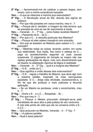 62
2º Vig.·. - Aproximando-me do cadáver a passos largos, sem
receio, com a minha consciência tranqüila.
Ven.·. - A que se relaciona a marcha que executastes?
2º Vig.·. - À Revolução anual do Sol, através dos signos do
zodíaco.
Ven.·. - Por que não parastes em vossa marcha, meu Ir.·.?
2º Vig.·. - Porque ela é, também, a imagem da vida terrena, que
se precipita de uma só vez do nascimento à morte.
Ven.·. - Venerab.·. Ir.·. 1º Vig.·., como fostes recebido Mestre?
1º Vig.·. - Passando do E.·. ao C.·..
Ven.·. - Por que o C.·. é utensílio particular dos Mestres?
1º Vig.·. - Porque só eles sabem manejá-lo com precisão.
Ven.·. - Em que se baseiam os Mestres para usarem o C.·. com
precisão?
1º Vig.·. - Medindo todas as coisas, levando, porém, em conta
sua relatividade. Sua razão, fixa como a cabeça do C.·.,
julga os acontecimentos segundo as suas causas
ocasionais. O julgamento do Iniciado se inspira não nas
rígidas graduações da régua, mas num discernimento que
se baseia na adaptação rigorosa da lógica à realidade.
Ven.·. - Venerab.·. Ir.·. 2º Vig.·., qual é a insígnia dos Mestres?
2º Vig.·. - O E.·. unido ao C.·..
Ven.·. - Que significa a união desses dois instrumentos?
2º Vig.·. - O E.·. regula o trabalho do Maçom, que deve agir com
a máxima retidão, inspirado na mais escrupulosa
eqüidade. O C.·. dirige esta atividade, esclarecendo-a, a
fim de que ela produza a mais judiciosa e fecunda
aplicação.
Ven.·. - Se um Mestre se perdesse, onde o encontraríeis, meu
Ir.·.?
2º Vig.·. - Entre o E.·. e o C.·., Respeitab.·. M.·..
Ven.·. - Por que meu Ir.·.?
2º Vig.·. - Porque o Mestre procurado distingüir-se-ia pela
moralidade de seus atos e pela justeza do seu raciocínio.
É sob este ponto de vista que ele se conserva entre o E.·.
e o C.·..
Ven.·. - Que procuram os Mestres, Venerab.·. Ir.·. lº Vig.·.?
1º Vig.·. - A palavra perdida.
Ven.·. - Qual é essa palavra?
 