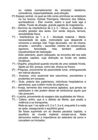 70
ou violeta (complementar da amarela): idealismo,
consciência, responsabilidade, auto-direção.
5º) Espaço central, no qual as três cores primitivas se sintetizam
na luz branca. Estrela Flamígera, Mercúrio dos Sábios,
quintessência - Éter vivente, sobre o qual tudo age e
reflete. Fluido de atração, grande agente do magnetismo.
6º) - Domínio da interferência de 2 e 3 - Vênus, a vitalidade, o
orvalho gerador dos seres. Cor verde: doçura, ternura,
sensibilidade física.
7º) - Interferência de 1 e 3 - Atividade material - Marte,
necessidade de ação, motricidade que despende e
consome a energia vital. Fogo devorador, cor da chama,
amarelo - vermelho - escarlate: instinto de conservação,
egoísmo, ferocidade, mas também potência
inquebrantável de realização.
Este setenário, assim esboçado, se encontra até nos sete
pecados capitais, cuja distinção se funda em dados
iniciáticos.
1º) - Orgulho, prejudicial quando oriundo de uma vaidade frívola,
ligado ao Sol, porque, como ele, ofusca os fracos.
2º) - Preguiça, proveniente da passividade lunar, enlanguescida
em inércia abusiva.
3º) - Avareza, vício essencial dos saturninos, providentes e
prudentes em excesso.
4º) - Gula, própria dos jupterianos, indivíduos hospitaleiros e
generosos, que cuidam muito do próprio eu.
5º) - Inveja, tormento dos mercurianos agitados, que jamais se
satisfazem e não podem deixar de ambicionar aquilo que
não possuem.
6º) - Luxúria, proveniente do exagero das qualidades de Vênus.
7º) - Cólera, enfim, que é o defeito de Marte, que exalta a
violência e os transportes.
Note-se que 1 se opõe a 6; 2 a 7; 3 a 4; enquanto 5 a nada
se opõe, assegurando o equilíbrio geral.
Se fosse suprimido um só desses pecados capitais, o
equilíbrio do mundo material romper-se-ia. Nada
demonstra melhor a importância do setenário tal como o
concebem os Iniciados.
 