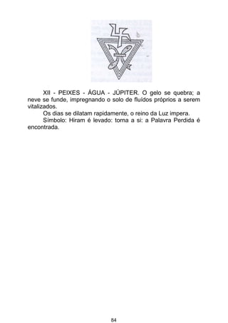 84
XII - PEIXES - ÁGUA - JÚPITER. O gelo se quebra; a
neve se funde, impregnando o solo de fluídos próprios a serem
vitalizados.
Os dias se dilatam rapidamente, o reino da Luz impera.
Símbolo: Hiram é levado: torna a si: a Palavra Perdida é
encontrada.
 