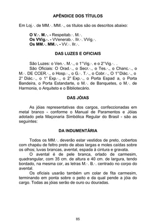 85
APÊNDICE DOS TÍTULOS
Em Loj.·. de MM.·. MM.·., os títulos são os descritos abaixo:
O V.·. M.·. - Respeitab.·. M.·.
Os VVig.·. - VVenerab.·. IIr.·. VVig.·.
Os MM.·. MM.·. - VV.·. IIr.·.
DAS LUZES E OFICIAIS
São Luzes: o Ven.·. M.·., o 1°Vig.·. e o 2°Vig.·. .
São Oficiais: O Orad.·., o Secr.·., o Tes.·., o Chanc.·., o
M.·. DE CCER.·., o Hosp.·., o G.·. T.·., o Cobr.·., O 1°Diác.·., o
2° Diác.·., o 1° Exp.·., o 2° Exp.·., o Porta Espad a, o Porta
Bandeira, o Porta Estandarte, o M.·. de Banquetes, o M.·. de
Harmonia, o Arquiteto e o Bibliotecário.
DAS JÓIAS
As jóias representativas dos cargos, confeccionadas em
metal branco - conforme o Manual de Paramentos e Jóias
adotado pela Maçonaria Simbólica Regular do Brasil - são as
seguintes:
DA INDUMENTÁRIA
Todos os MM.·. deverão estar vestidos de preto, cobertos
com chapéu de feltro preto de abas largas e moles caídas sobre
os olhos; luvas brancas, avental, espada à cintura e gravata.
O avental é de pele branca, orlado de carmesim,
quadrangular, com 35 cm. de altura e 40 cm. de largura, tendo
bordado, na mesma cor, as letras M.·. B.·. centrado no corpo do
avental.
Os oficiais usarão também um colar de fita carmesim,
terminando em ponta sobre o peito e da qual pende a jóia do
cargo. Todas as jóias serão de ouro ou douradas.
 
