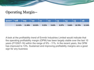 Operating Margin--
2007 ‘08 ‘09 ‘10 11 12 13 14 15 16
11.91% 11.98% 10.92% 9.55% 9.63% 8.97% 9.66% 10.70% 12.34%
A look at the profitability trend of Emmbi Industries Limited would indicate that
the operating profitability margin (OPM) has been largely stable over the last 10
years (FY2007-16) within the range of 9% - 11%. In the recent years, the OPM
has improved to 13%. Sustained and improving profitability margins are a good
sign for any business
 