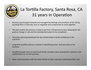 La	
  TorQlla	
  Factory,	
  Santa	
  Rosa,	
  CA	
  	
  
	
  31	
  years	
  in	
  OperaQon	
  
•  Business	
  psychologist	
  listened	
  and	
  managed	
  the	
  feelings	
  and	
  emoQons	
  of	
  the	
  family,	
  
assisQng	
  them	
  in	
  learning	
  	
  how	
  to	
  negoQate	
  and	
  compromise	
  to	
  work	
  together.	
  
•  The	
  plan	
  outline	
  the	
  process	
  in	
  steps	
  to	
  go	
  from	
  110	
  percent	
  to	
  zero,	
  allowing	
  for	
  the	
  
gradual	
  change	
  in	
  role	
  and	
  the	
  development	
  plans	
  to	
  be	
  completed.	
  
•  TransiQon	
  planning	
  developed	
  for	
  key	
  relaQonships	
  to	
  build	
  conﬁdence	
  in	
  the	
  
successor.	
  
•  Long	
  Qme	
  qualiﬁed	
  advisors	
  assisted	
  in	
  idenQfying	
  issues	
  	
  that	
  were	
  key	
  to	
  the	
  
business.	
  
•  Qualiﬁed	
  people	
  were	
  on	
  board	
  and	
  family	
  members	
  were	
  assessed	
  for	
  readiness	
  and	
  
qualiﬁcaQons	
  to	
  run	
  the	
  business.	
  
•  Open	
  communicaQon	
  with	
  the	
  enQre	
  family	
  to	
  help	
  	
  everyone	
  understand	
  their	
  role.	
  
 