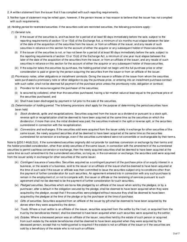 Instructions for selling your stock under SEC Rule 144