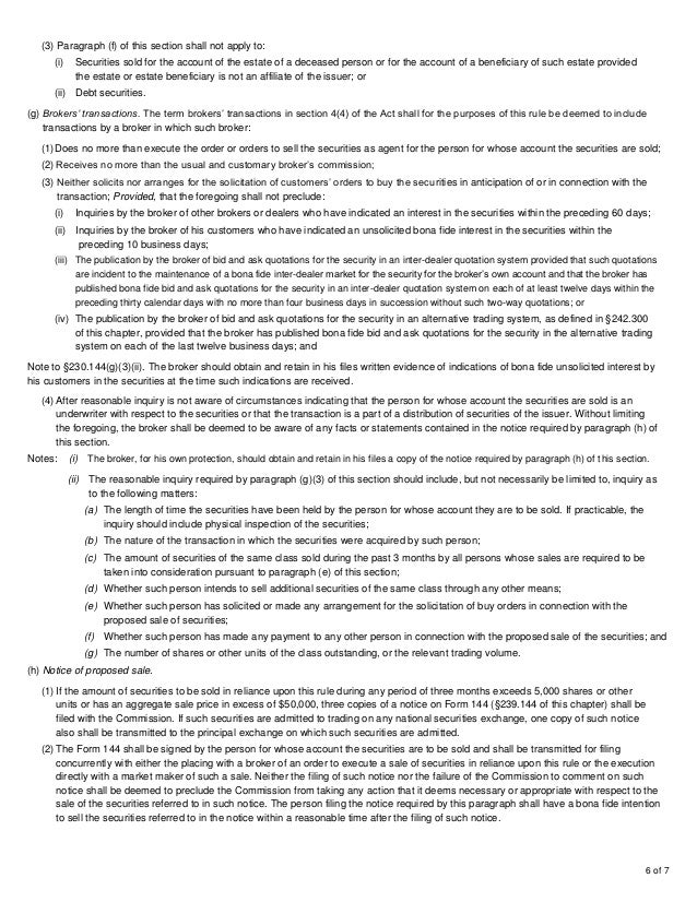 Instructions for selling your stock under SEC Rule 144