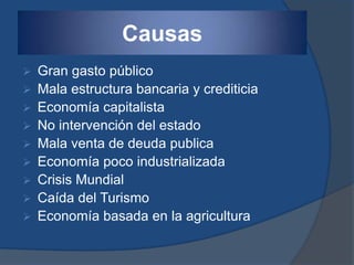 Causas
   Gran gasto público
   Mala estructura bancaria y crediticia
   Economía capitalista
   No intervención del e...