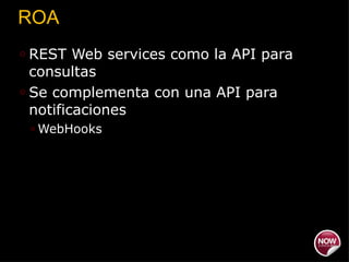 ROA REST Web services como la API para consultas Se complementa con una API para notificaciones WebHooks 