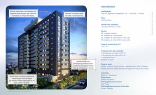 FICHA TÉCNICA

 Pintura texturizada com detalhes em                                             Localização:




                                                                                                                                                     M a te r i a l pre l i mi na r suj e i to a a l ter a ções .
 pastilha cerâmica para dar volume e   Fachada com linhas retas                  Rua Gov. Agamenon Magalhães, 145 – Cristo Rei — Curitiba
   identidade ao empreendimento.       em estilo contemporâneo.
                                                                                 Tipo:
                                                                                 Apartamentos

                                                                                 Número de unidades:
                                                                                 160 apartamentos (1 torre)

                                                                                 Sendo:
                                                                                 68 unidades Estúdios
                                                                                 46 unidades de 1 dormitórios
                                                                                 23 unidades de 2 dormitórios com suíte
                                                                                 23 unidades de 2 dormitórios sem suíte

                                                                                 Área do terreno (em m2):
                                                                                 1.857 m2

                                                                                 Área privativa das unidades:
                                                                                 2 dormitórios com suíte: 67,23 m2
                                                                                 2 dormitórios sem suíte: 60,33 m2
                                                                                 1 dormitório: 49 m2
                                                                                 Estúdio: 31,50 m2
                                                      Janelas-balcão que
                                                  aumentam a luminosidade e      Área de lazer:
                                                 o conforto dos apartamentos,    Piscina Coberta, Sauna, Fitness, Lavanderia Pub, Salão de Festas,
                                                 além de valorizarem o imóvel.   Espaço Gourmet, Salão Multiuso, Terraços com Praças da L areira.

                                                                                 Arquiteto:
                                                                                 Bacoccini Arquitetura
Apartamentos predominantemente
                                                                                 Paisagismo:
   voltados para Leste e Oeste,
                                                                                 Takeda Arquitetos
garantindo melhor exposição ao sol
                                                                                 Decoração Áreas Comuns:
       pela manhã e à tarde.
                                                                                 Raul Pegas
                                                                                 Decoração Apartamento Decorado:
                                                                                 Viviane Tabalipa
Perspectiva artística da fachada
 