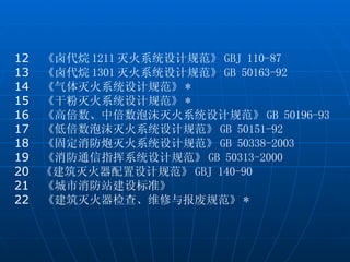 12   《卤代烷 1211 灭火系统设计规范》 GBJ 110-87 13   《卤代烷 1301 灭火系统设计规范》 GB 50163-92 14   《气体灭火系统设计规范》 * 15   《干粉灭火系统设计规范》 * 16   《高倍数、中倍数泡沫灭火系统设计规范》 GB 50196-93 17   《低倍数泡沫灭火系统设计规范》 GB 50151-92 18   《固定消防炮灭火系统设计规范》 GB 50338-2003 19   《消防通信指挥系统设计规范》 GB 50313-2000 20  《建筑灭火器配置设计规范》 GBJ 140-90 21   《城市消防站建设标准》 22   《建筑灭火器检查、维修与报废规范》 * 