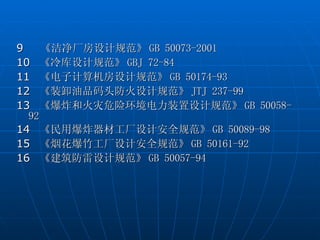 9  《洁净厂房设计规范》 GB 50073-2001 10  《冷库设计规范》 GBJ 72-84 11  《电子计算机房设计规范》 GB 50174-93 12  《装卸油品码头防火设计规范》 JTJ 237-99 13  《爆炸和火灾危险环境电力装置设计规范》 GB 50058-92 14  《民用爆炸器材工厂设计安全规范》 GB 50089-98 15  《烟花爆竹工厂设计安全规范》 GB 50161-92 16  《建筑防雷设计规范》 GB 50057-94 